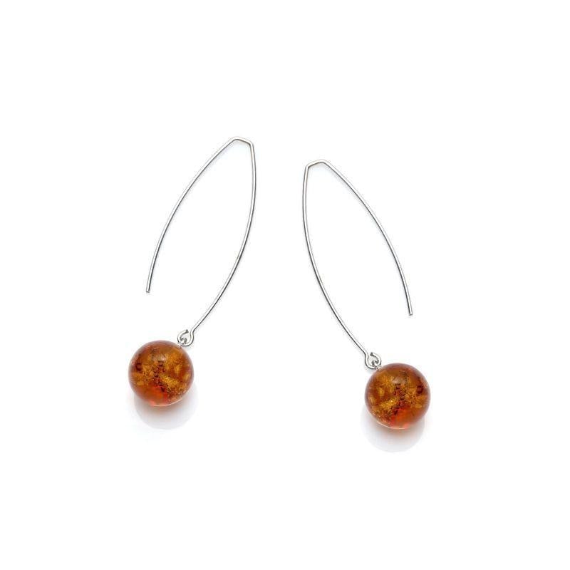 Pendientes largos con bola de ámbar coñac, en plata 925 rodiada