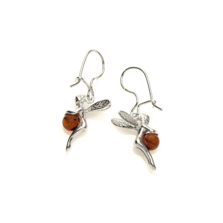 Boucles d'oreilles fée avec ambre cognac naturel, en argent rhodié 925