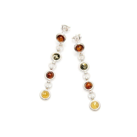 Long earrings with natural multi-colored amber, in 925 rhodium silver