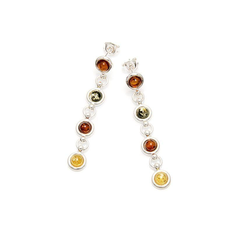 Boucles d'oreille longues avec ambre multicolore naturel, en argent rhodié 925