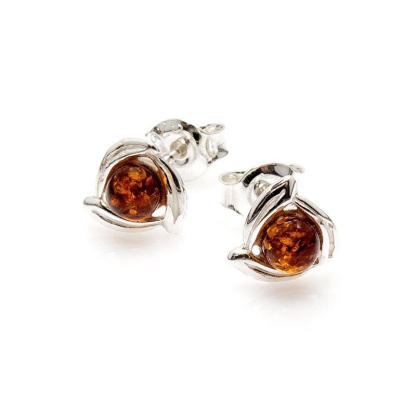 Stud earrings with cognac amber from the Baltic Sea ball, rhodium-plated silver 925