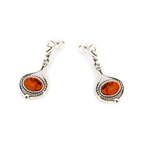 Dangle earrings with natural cognac amber, in 925 aged silver