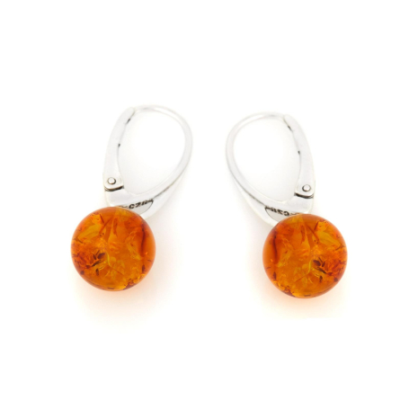 Boucles d'oreilles pendantes avec ambre cognac boule, en argent rhodié 925