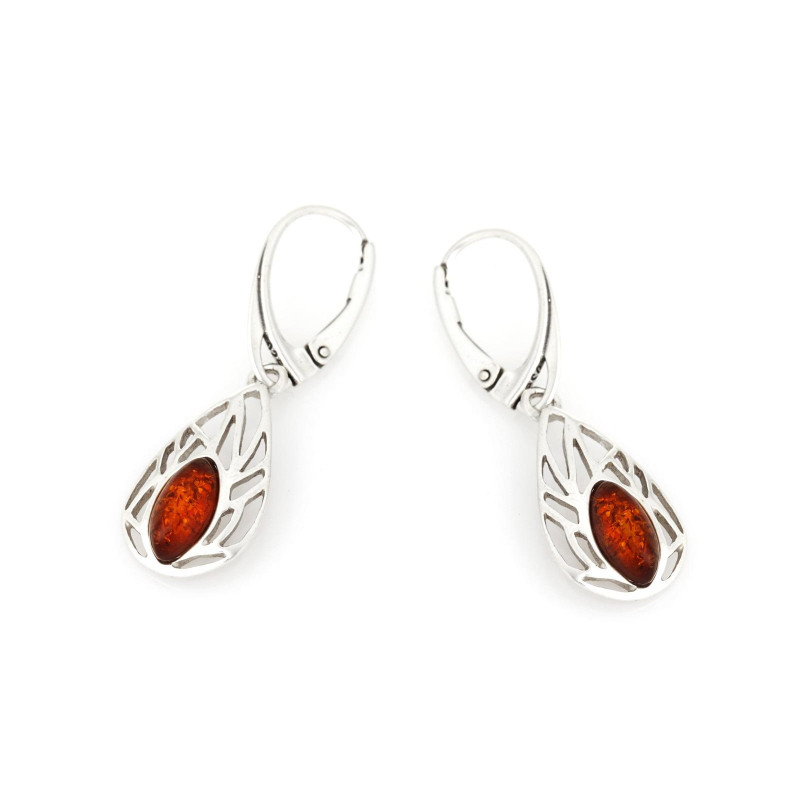 Dangle earrings with natural cognac amber, in 925 rhodium silver