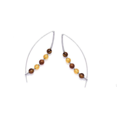 Long earrings with multi-colored amber ball, in 925 rhodium silver