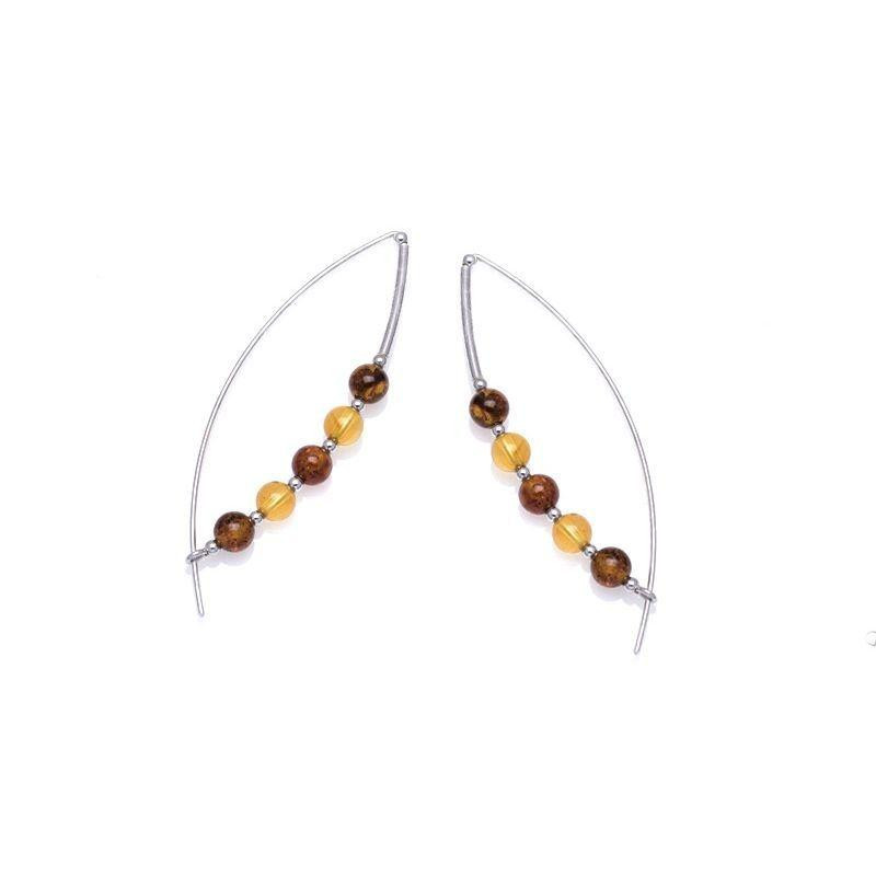 Pendientes largos con bola de ámbar multicolor, en plata 925 rodiada