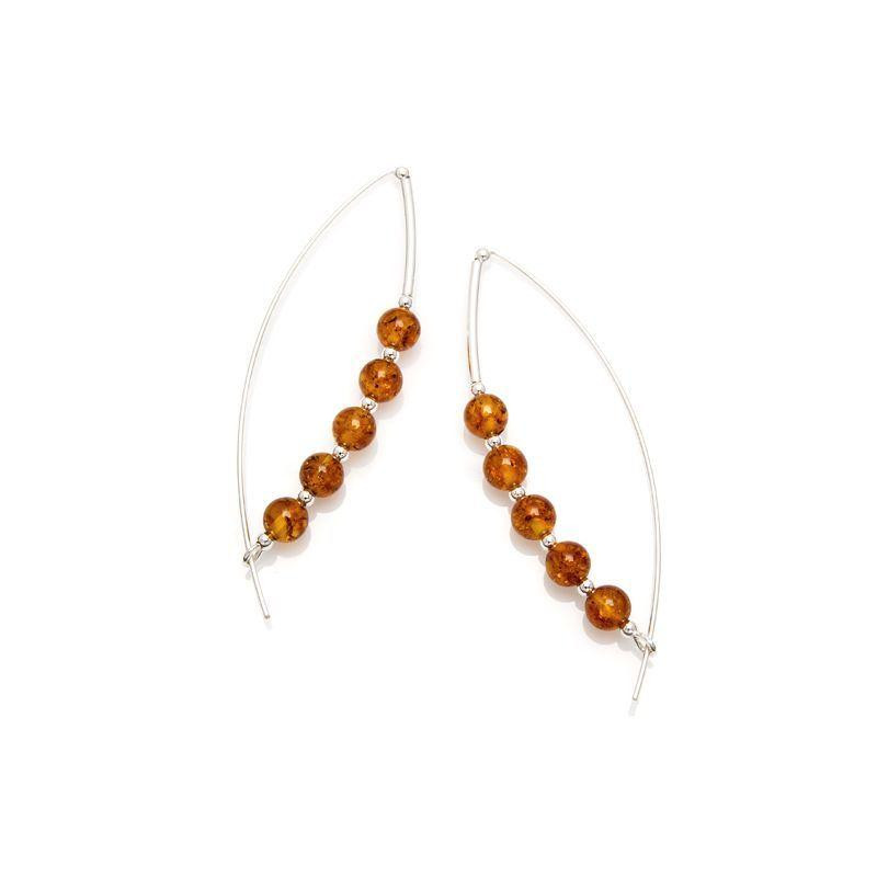 앰버 코냑 볼이 장식된 로듐 도금 실버 925 롱 이어링