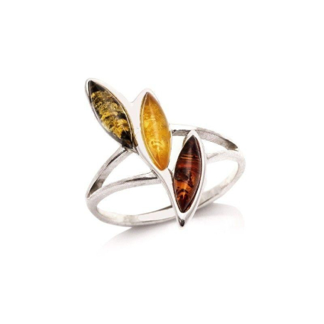 Bague avec ambre multicolore de la mer Baltique navette, en argent rhodié 925