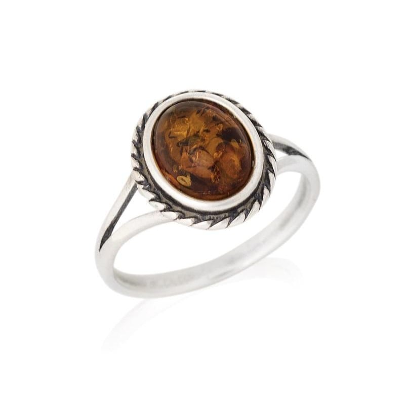 Inel cu chihlimbar de cognac oval al Marii Baltice, realizat din argint invechit 925
