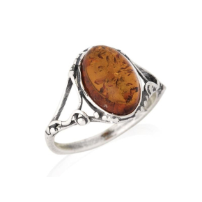 Ring with oval Baltic Sea cognac amber, in 925 antique silver