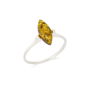 Ring with Baltic Sea green amber navette, in rhodium-plated silver 925