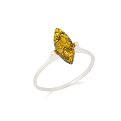 Anello con ambra verde della navetta del Mar Baltico, realizzato in argento 925 rodiato