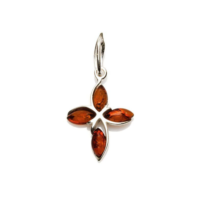 Pendentif croix avec ambre cognac, en argent rhodié 925, hauteur 1+2,5 cm