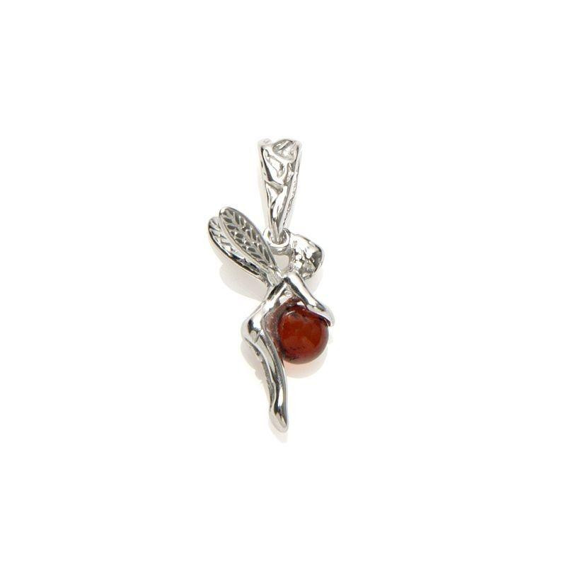 Fairy pendant with cognac amber ball, in 925 rhodium silver, height 1.5+1 cm