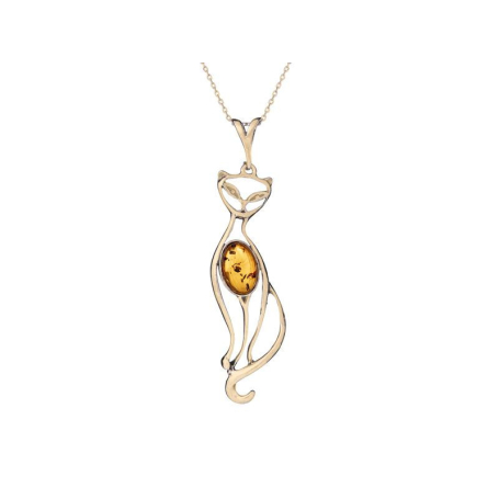 Cat pendant with oval cognac amber, in 925 gold plated silver, height 5.5+1 cm