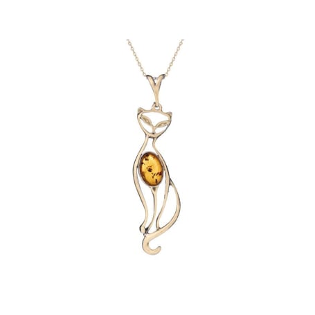 Ciondolo gatto con ambra cognac ovale, in argento dorato 925, altezza 5,5+1 cm