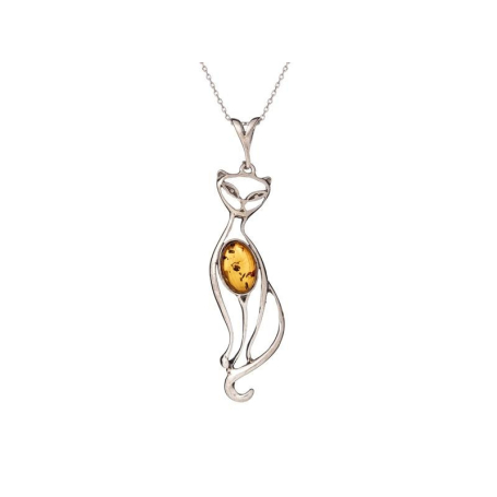 Pendentif chat avec ambre cognac ovale, en argent rhodié 925, hauteur 5,5+1 cm