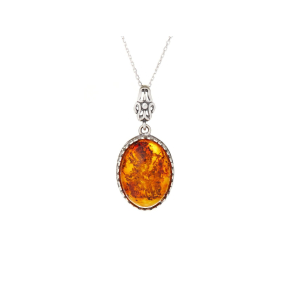 Pendant with oval cognac amber, in aged 925 silver, height 2+1 cm