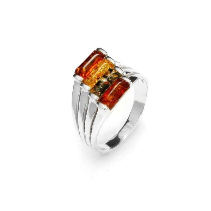 Ring with rectangular natural multi-colored amber, in 925 rhodium silver