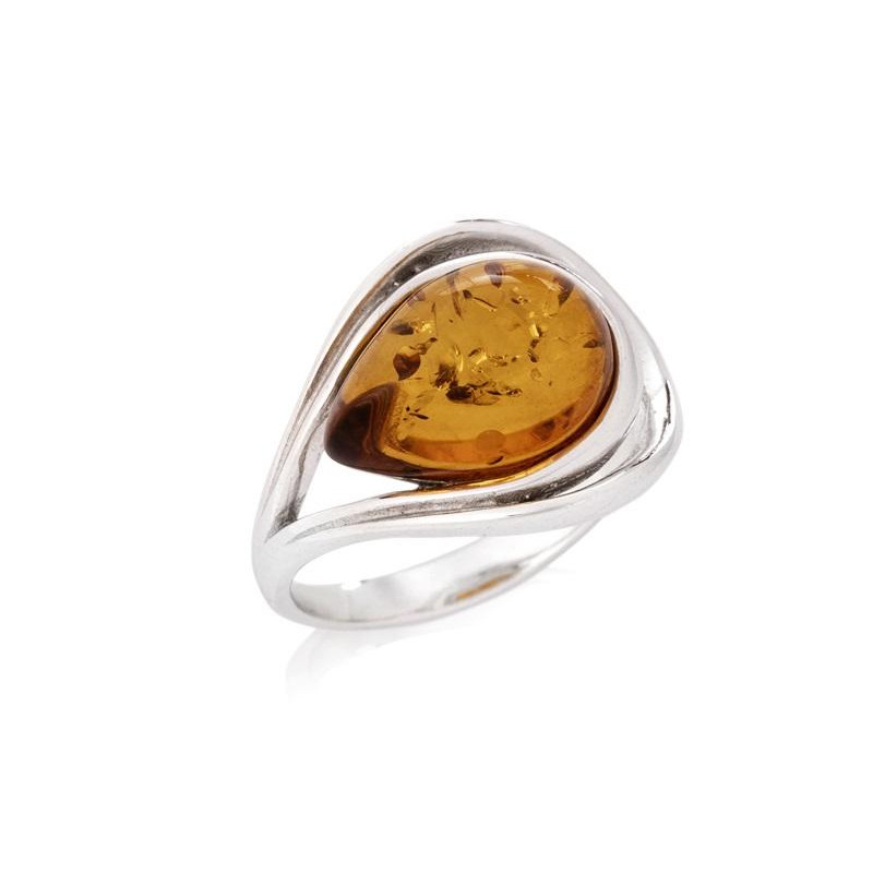 Anello con goccia di ambra cognac del Mar Baltico, realizzato in argento 925 rodiato
