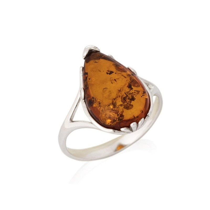 Ring with natural cognac amber from the Baltic Sea, in rhodium-plated silver 925