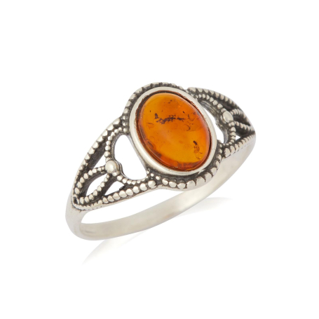 Bague avec ambre cognac naturel de la mer Baltique, en argent vieilli 925