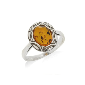 Bague avec ambre cognac naturel de la mer Baltique, en argent vieilli 925