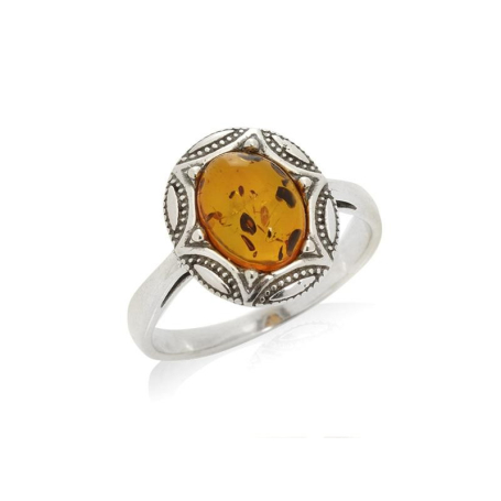 Bague avec ambre cognac naturel de la mer Baltique, en argent vieilli 925
