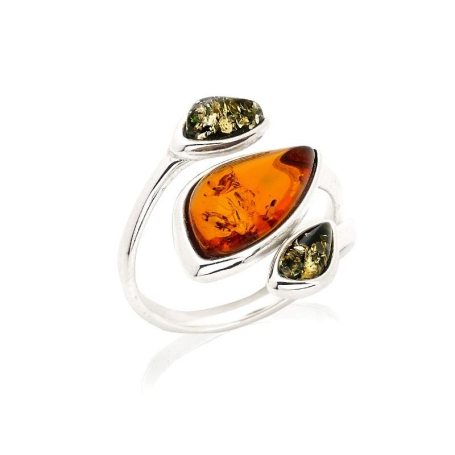 Multi-stone ring with natural multi-colored amber, rhodium-plated silver