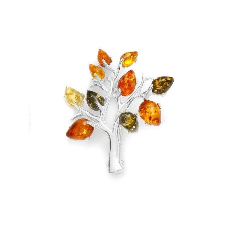 Tree of life brooch with natural multi-colored amber drop, 925 rhodium silver