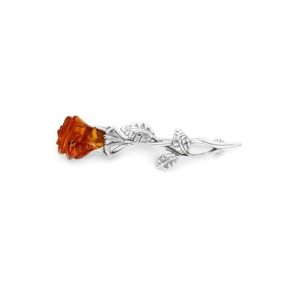 Pink brooch with natural cognac amber, in 925 rhodium silver