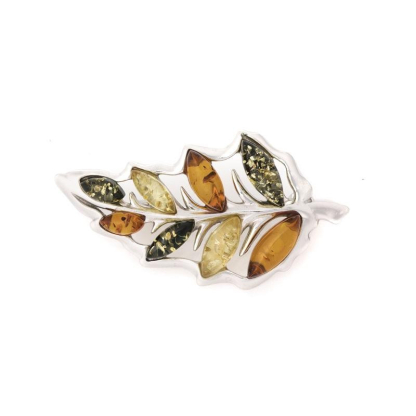 Brooch with natural multi-colored amber from the Baltic Sea, in 925 rhodium-plated silver