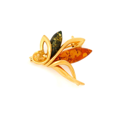 Brooch with natural multi-colored amber from the Baltic Sea, in 925 gold plated silver
