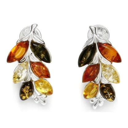 Boucles d'oreilles pendantes feuille avec ambre multicolore, argent rhodié 925