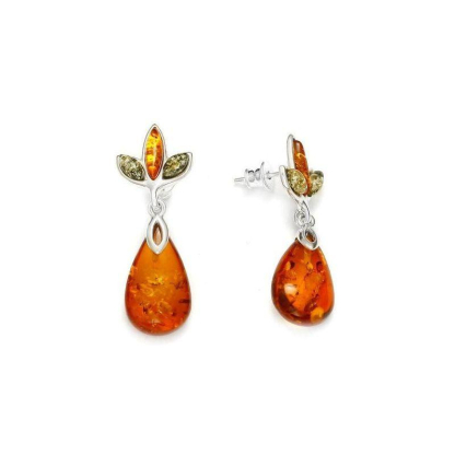 Boucles d'oreilles pendantes avec ambre multicolore, en argent rhodié 925