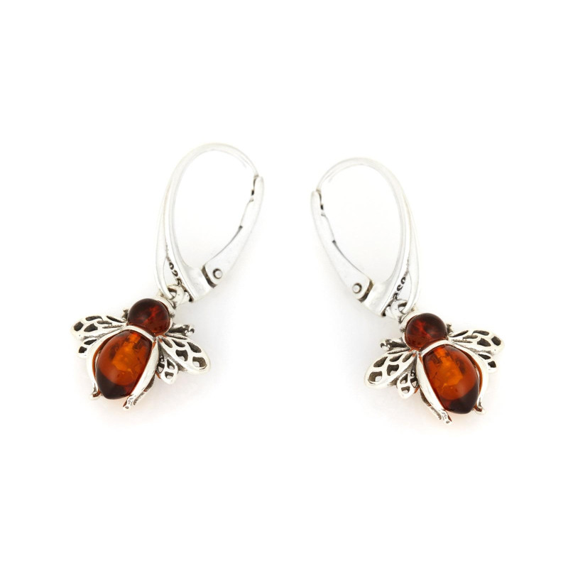 Boucles d'oreilles abeille avec ambre cognac naturel, en argent vieilli 925