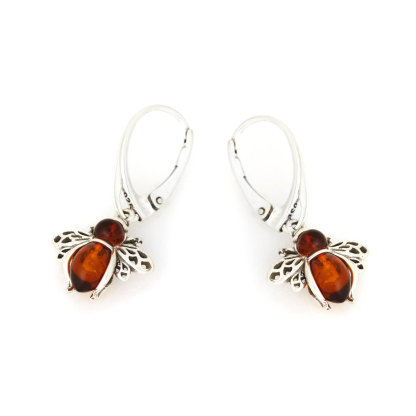 Boucles d'oreilles abeille avec ambre cognac naturel, en argent vieilli 925