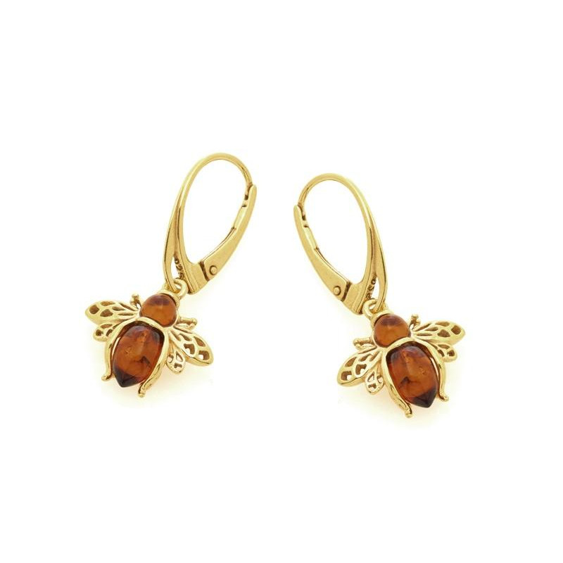 Boucles d'oreilles abeille avec ambre cognac naturel, en argent doré 925