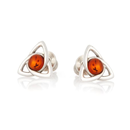 Orecchini Triquetra con ambra naturale cognac, in argento 925 rodiato
