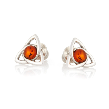 Boucles d'oreilles triquetra avec ambre cognac naturel, en argent rhodié 925