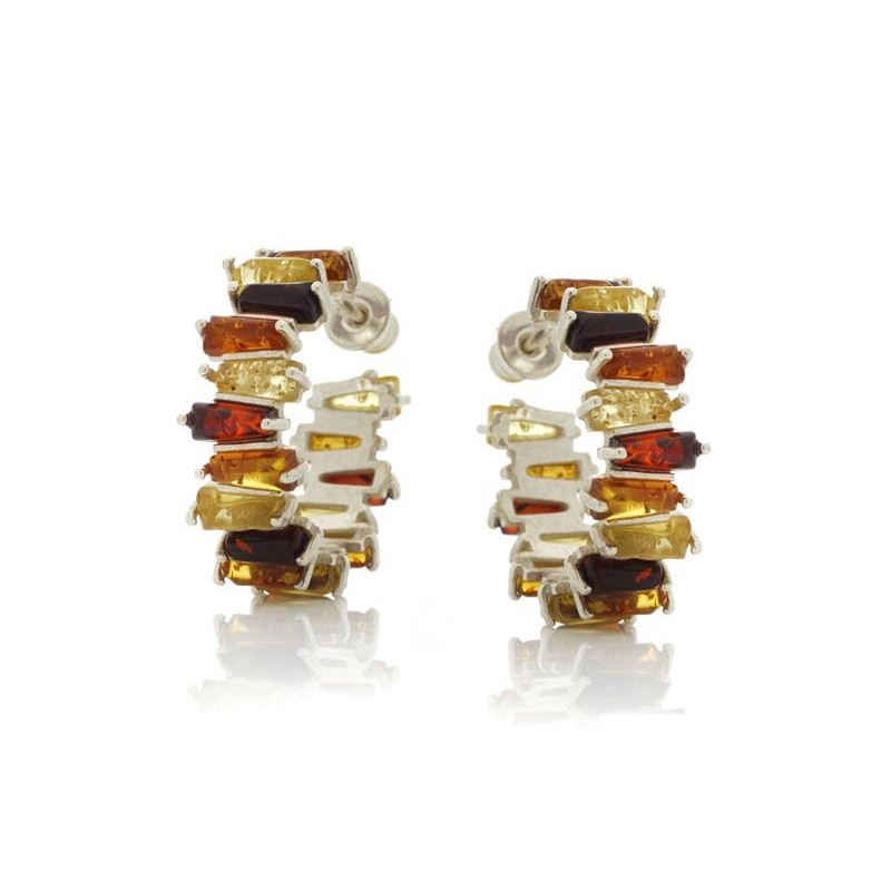 Boucles d'oreilles avec ambre multicolore de la mer Baltique, argent rhodié 925