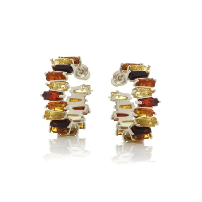 Boucles d'oreilles avec ambre multicolore de la mer Baltique, argent rhodié 925