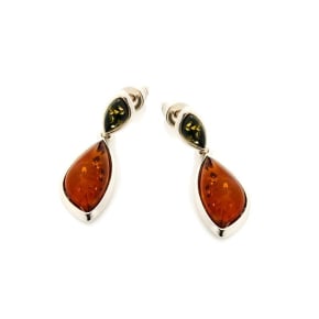 Boucles d'oreilles pendantes avec ambre multicolore naturel, argent rhodié 925