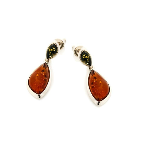 Pendientes colgantes con ámbar multicolor natural, plata 925 rodiada