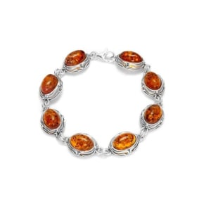 Bracelet avec ambre cognac ovale, en argent rhodié 925, longueur 18+3 cm
