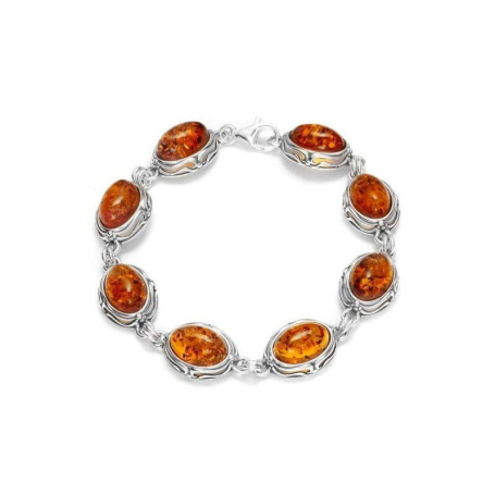 Bracelet with oval cognac amber, in 925 rhodium silver, length 18+3 cm