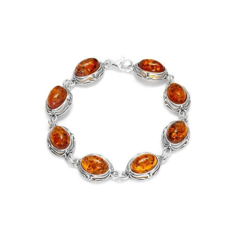 Armband mit ovalem Cognac-Bernstein, aus 925 rhodiniertem Silber, Länge 18+3 cm
