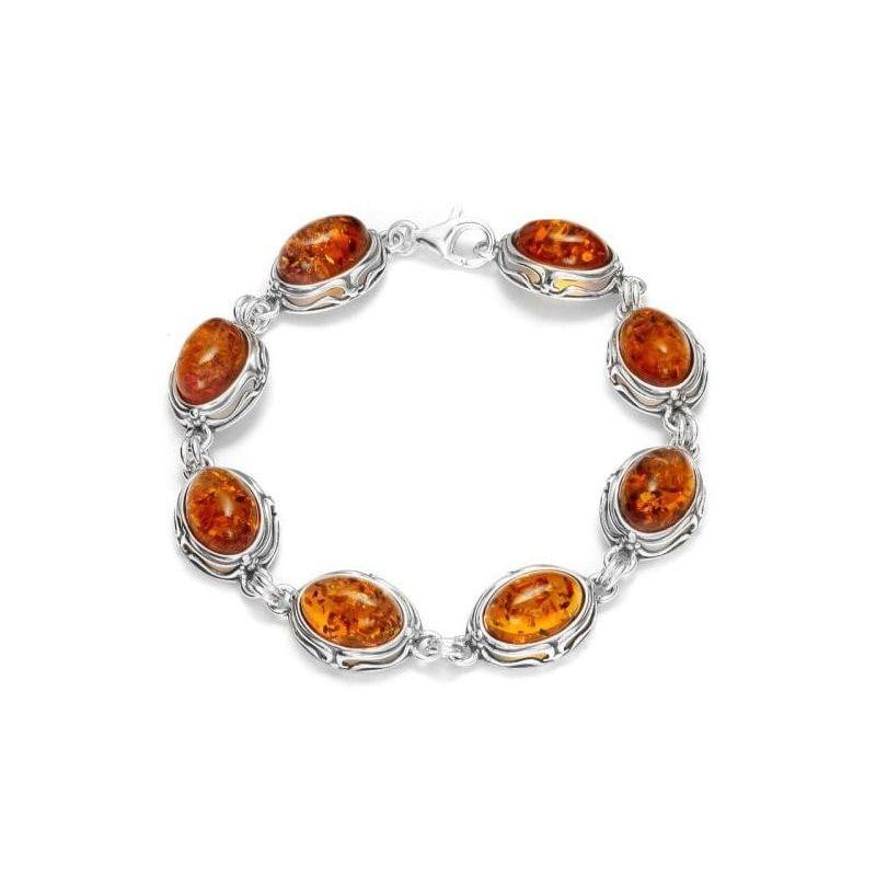 Pulsera con ámbar coñac ovalado, en plata 925 rodiada, longitud 18+3 cm