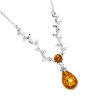 Leaf necklace with cognac amber drop, in 925 rhodium silver, 42 + 3 cm