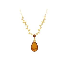 Collana foglia con goccia di ambra cognac, in argento dorato 925, lunghezza 42+3 cm